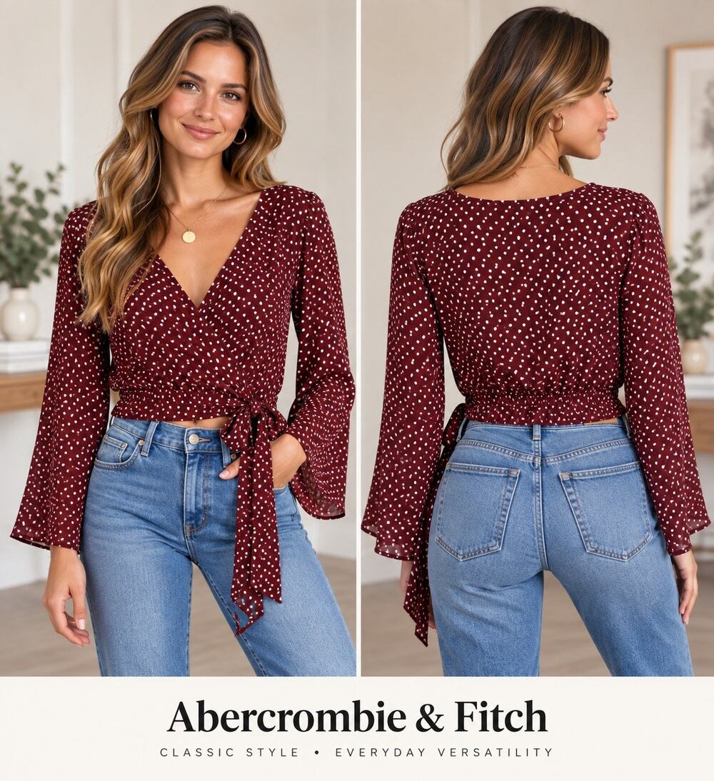 Abercrombie & Fitch Polka Dot Wrap Blouse Medium Burgundy Tie Waist NEW